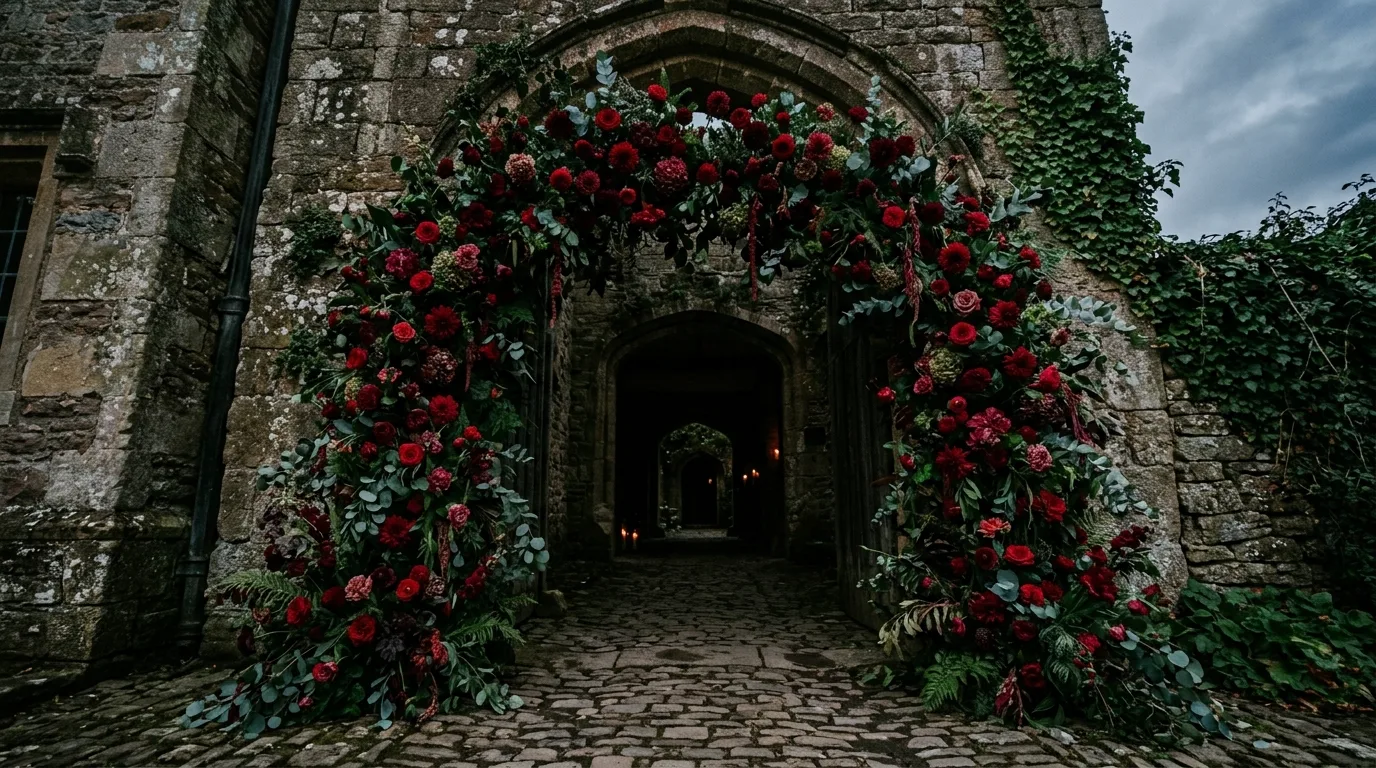 A long garden path with repeating flower-covered arches creating deep perspective in bright natural daylight, no people