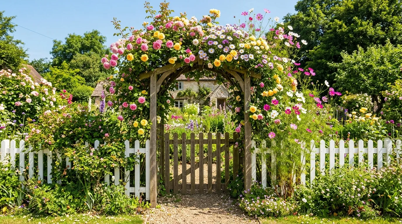 A flower arch marking the transition from a patio into a lush garden with blooms overhead in sunny daylight, no people