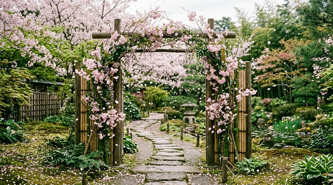A minimalist garden arch with restrained flowering vines in a clean elegant outdoor setting under soft daylight, no people