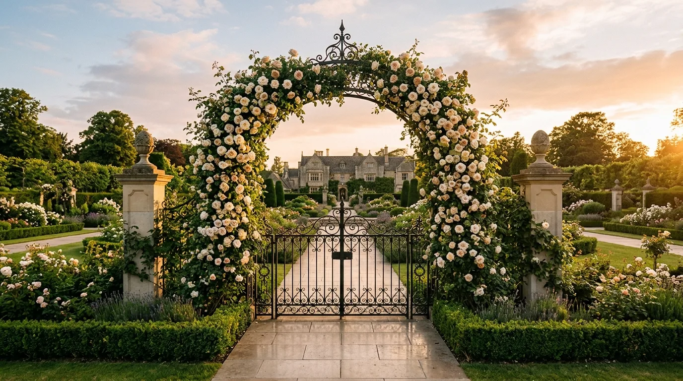 A fragrant flower-covered arch over a garden path surrounded by lush planting in warm daylight, no people
