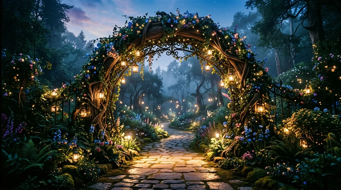 A permanent garden arch integrated with seasonal flowers and foliage at its base in a lush layered landscape, no people