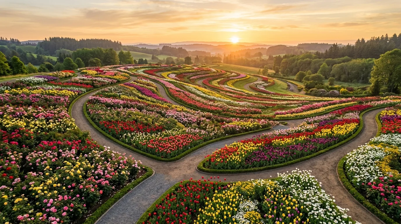 A breathtaking mixed flower border overflowing with seasonal color, layered blooms, and lush greenery in bright summer sunlight, no people