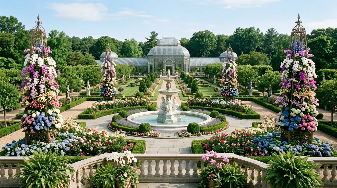 A winding garden path passing through lush flower beds in full bloom under warm natural light, no people