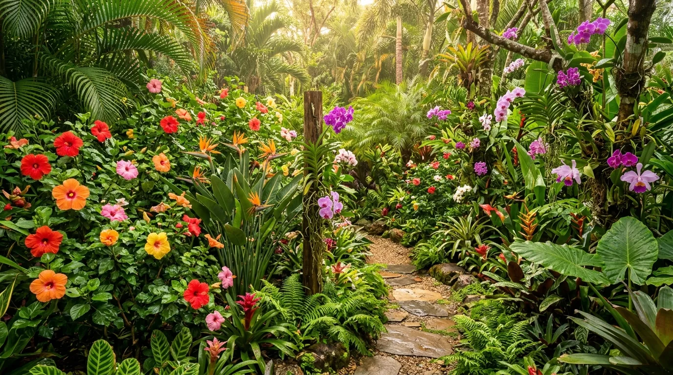 A beautiful garden fountain surrounded by layered flower beds in full bloom under soft sunlight, no people