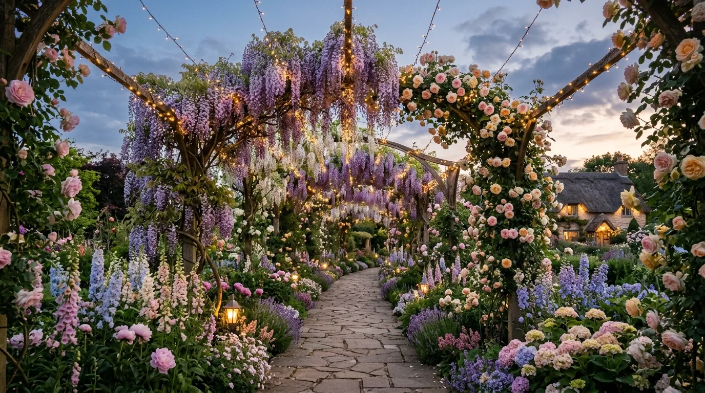 A dramatic flower garden with tall spires of delphiniums and foxgloves rising above lush lower blooms in summer light, no people