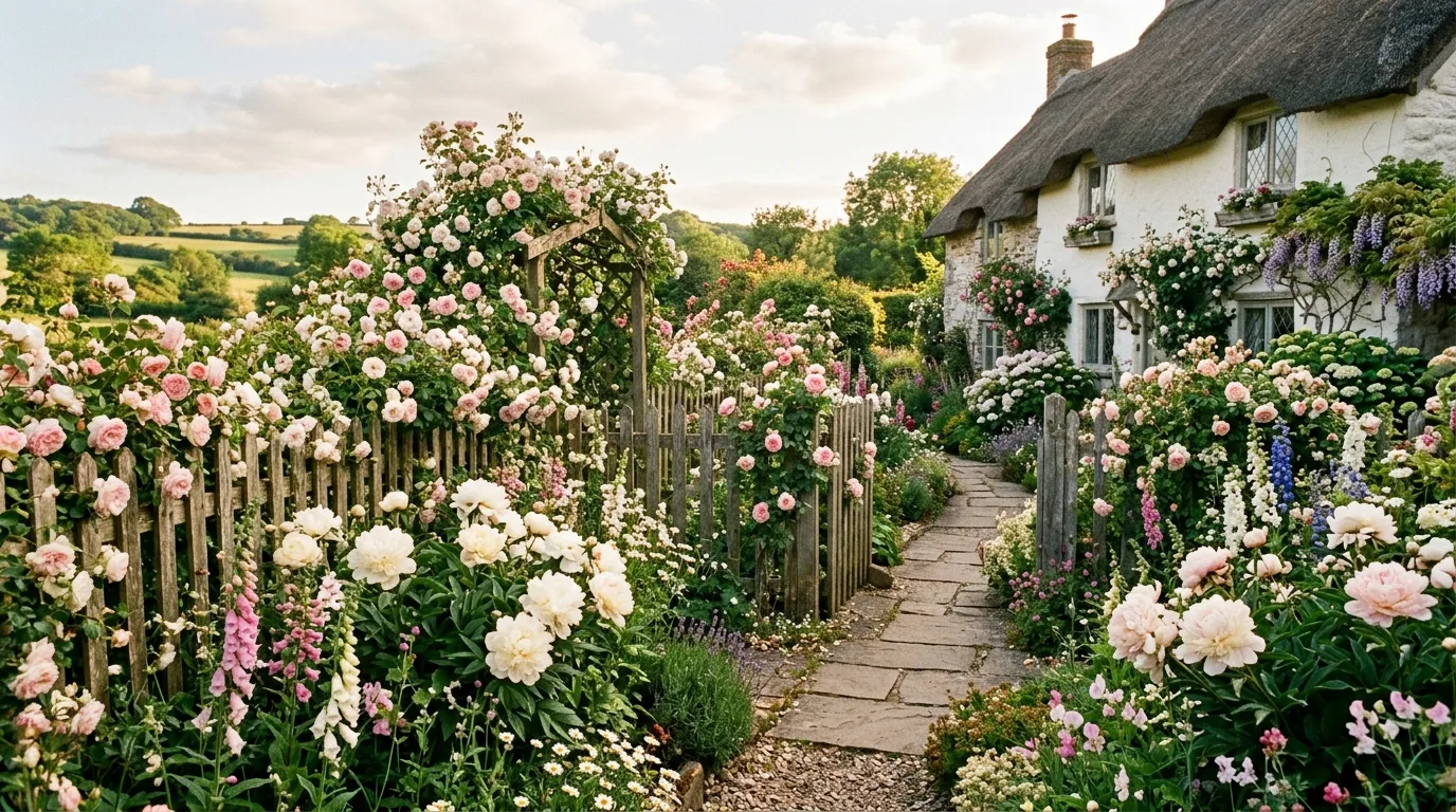 A formal garden layout with geometric paths and lush flowering beds softening the structure in bright natural light, no people