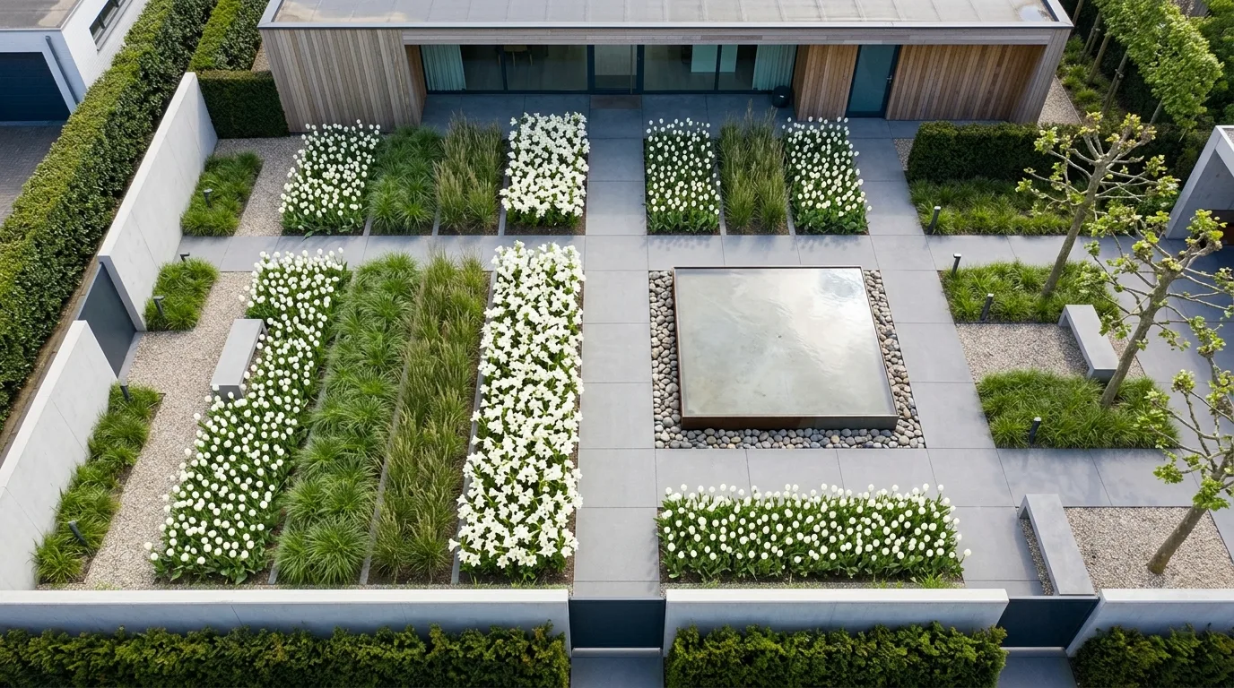 A beautiful cutting garden arranged in colorful rows and blocks of flowers under clear sunny skies, no people