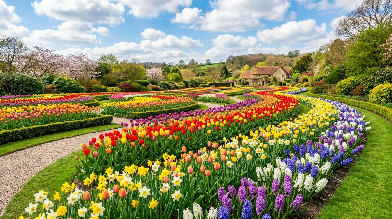 A shaded flower garden with luminous pale blooms and richly textured foliage under filtered light, no people