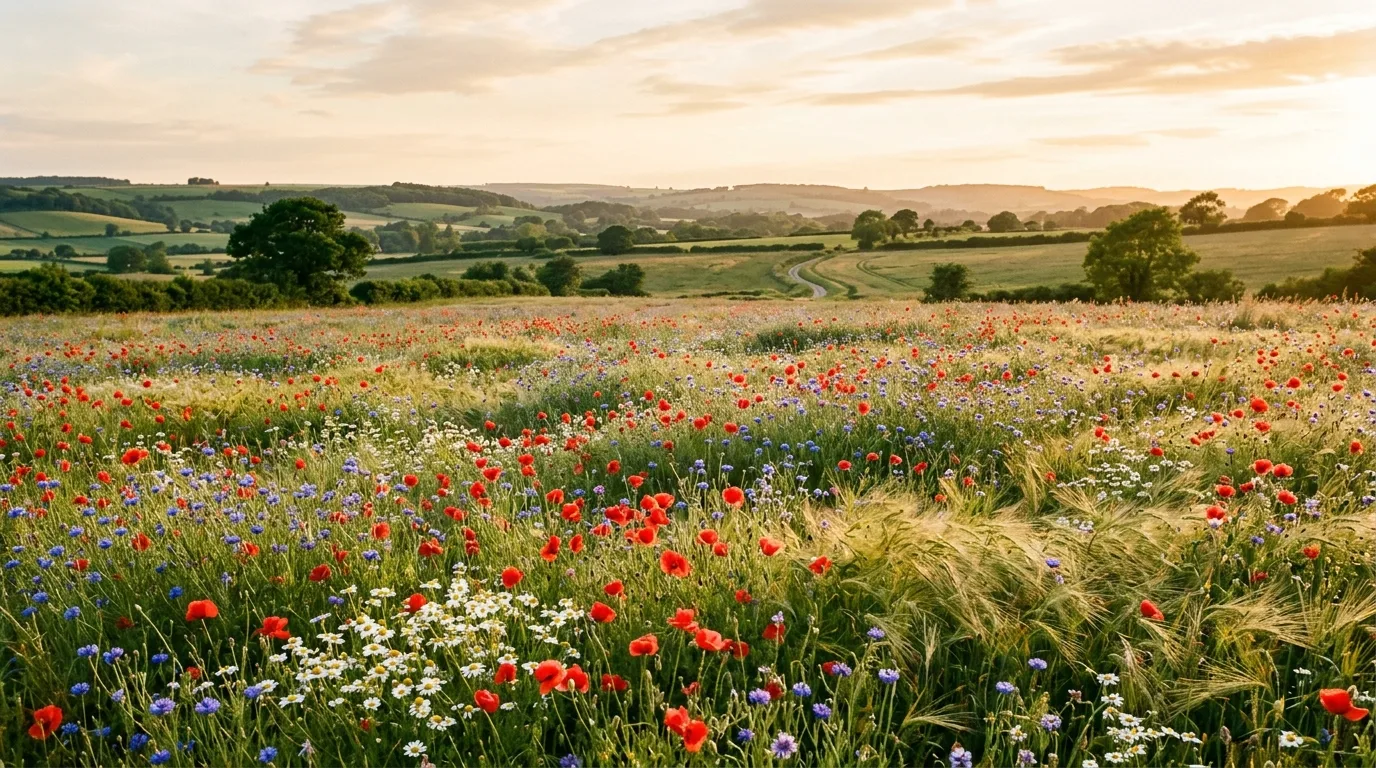 A flower-filled terrace with abundant containers of blooms at varied heights in a sunny elegant outdoor setting, no people