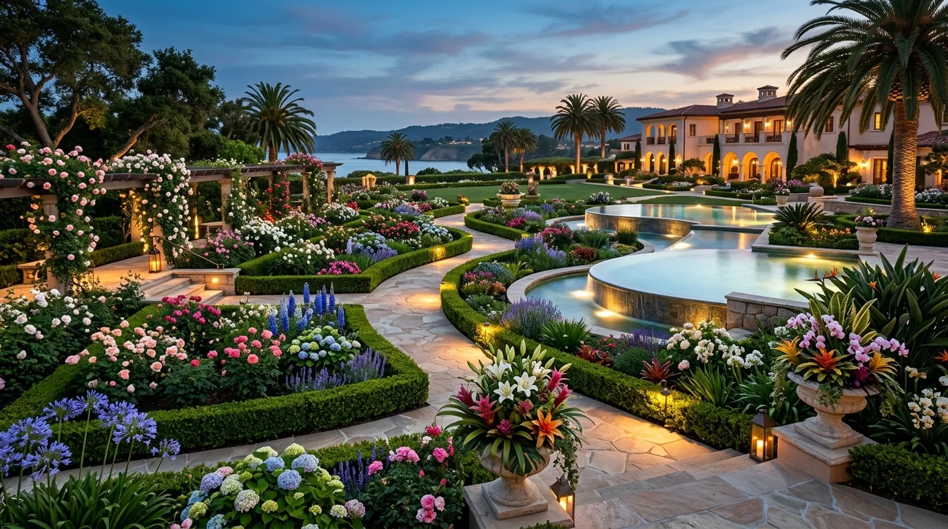 A layered flower garden designed for seasonal succession with blooms and foliage across multiple stages in bright daylight, no people