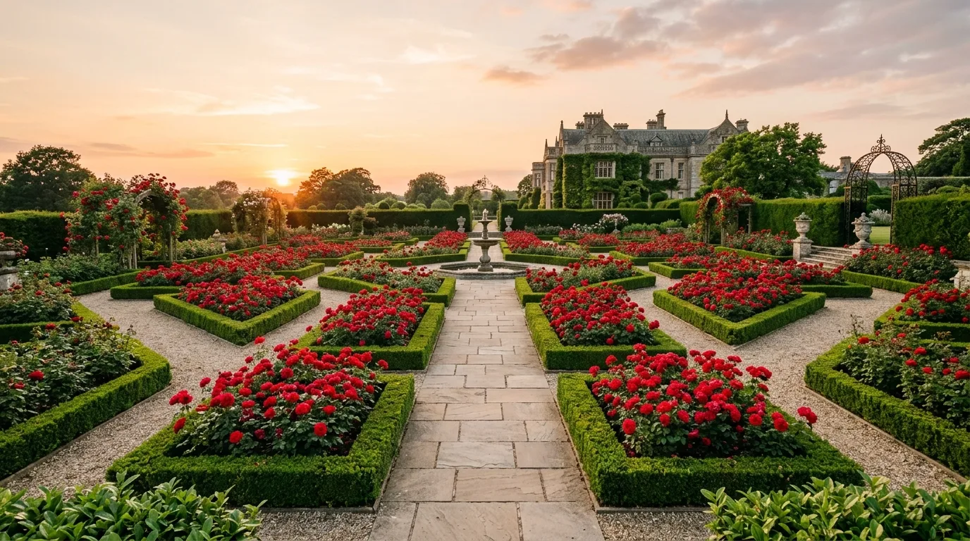 A formal rose garden with symmetrical borders of blooming roses along a central path in bright daylight, no people