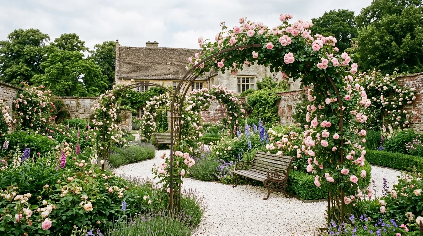 A classic garden arbor covered in climbing roses creating a grand floral entrance under warm natural light, no people