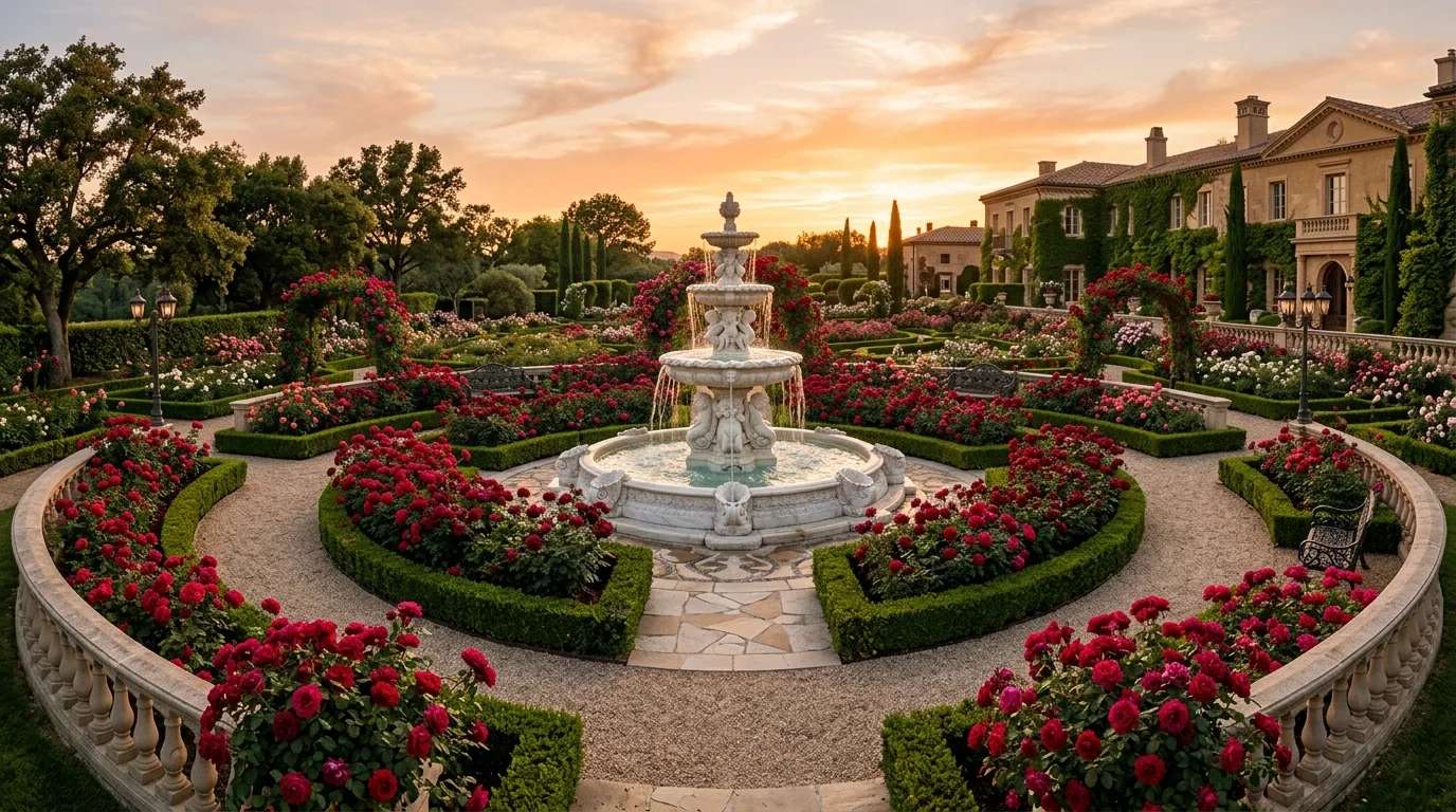 A romantic rose garden planted in a harmonious palette of blush, white, peach, and pink blooms in summer sun, no people