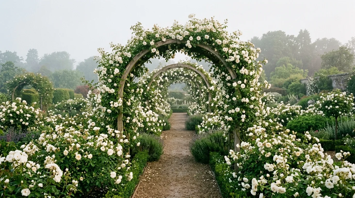 An elegant rose garden featuring white roses planted against clipped evergreen hedges in soft daylight, no people