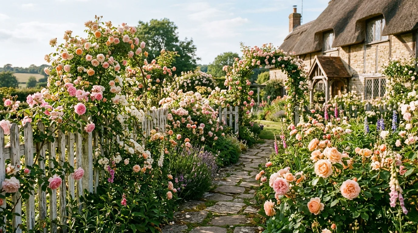 A cottage style rose border with roses mingling among foxgloves, salvias, and airy companion flowers in sunny daylight, no people