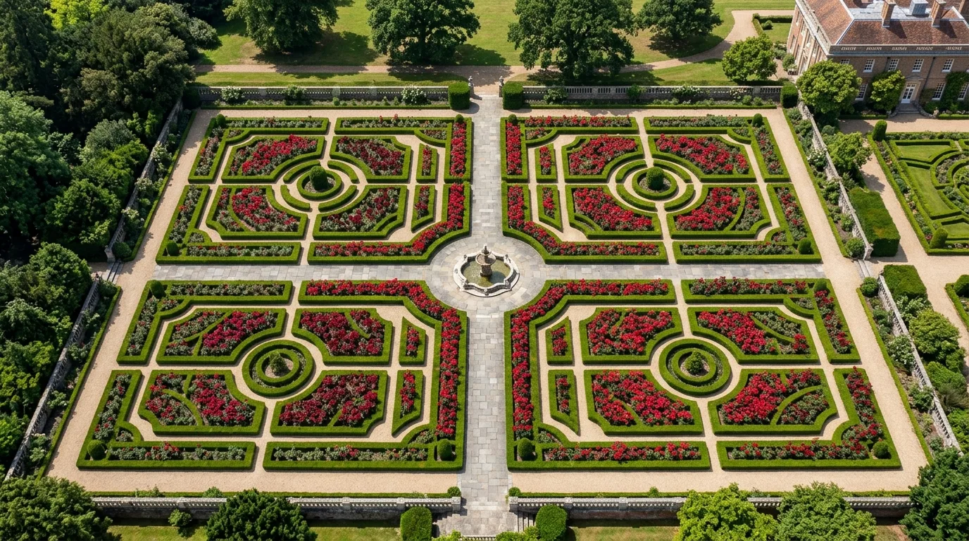 A classic garden using tree roses as sculptural focal points in a refined layout under bright daylight, no people