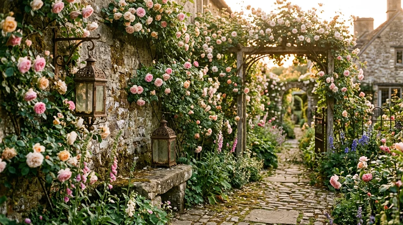 A garden path lined with fragrant blooming roses on both sides in warm morning light, no people