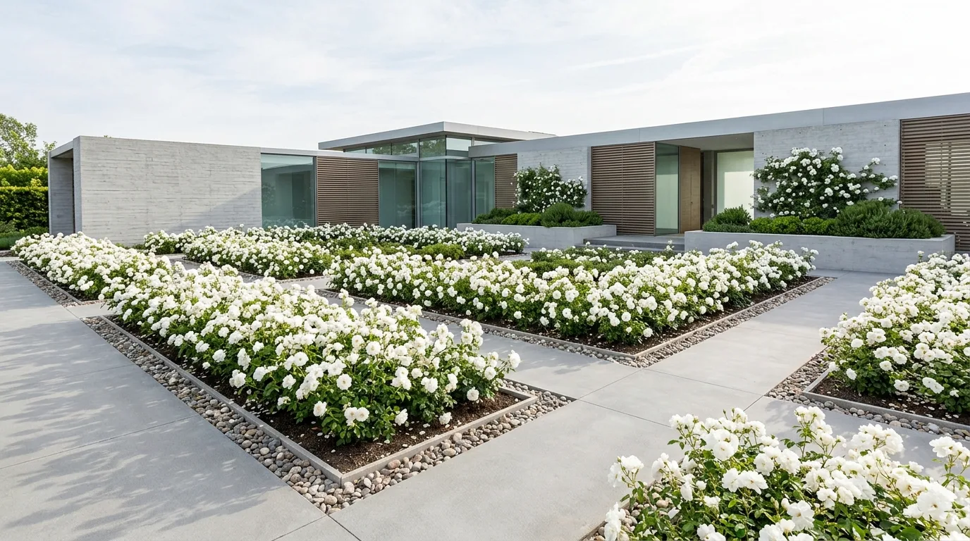 A richly colored rose garden with deep red blooms and classic green structure in soft afternoon light, no people