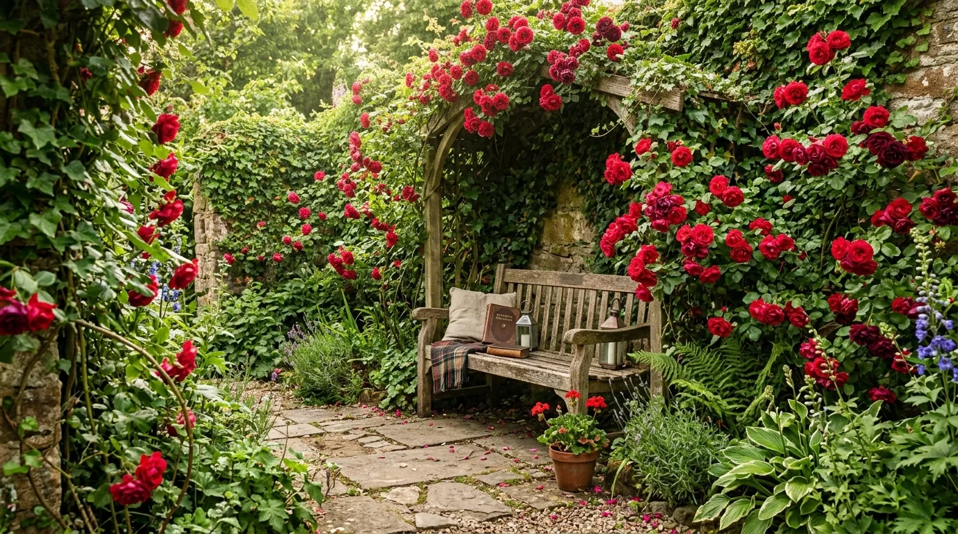 A cohesive rose garden centered on one heirloom rose variety blooming generously in clear daylight, no people