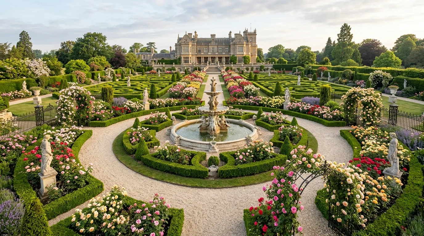 A polished rose garden with low edging flowers and silver foliage softening the front of the beds in sunlight, no people