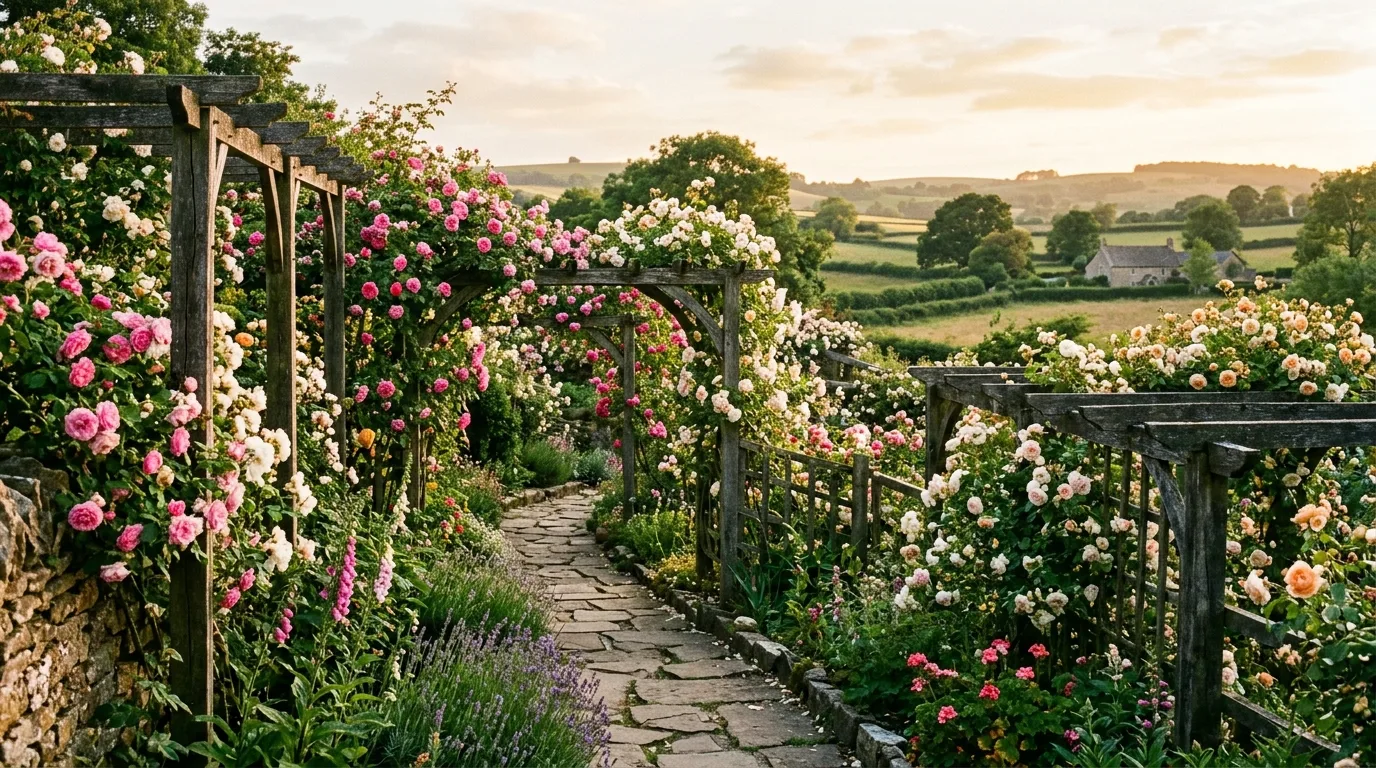A sequence of garden arches covered with climbing roses leading through a romantic landscape in bright daylight, no people