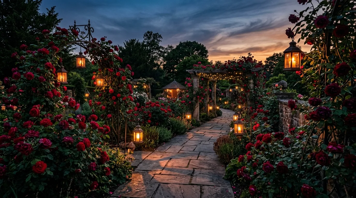 A restrained elegant rose garden in cool tones of white and blush with pale stone paths under soft sunlight, no people