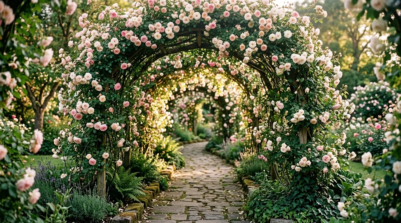 A layered rose garden with companion perennials and structure designed for long season beauty in natural daylight, no people