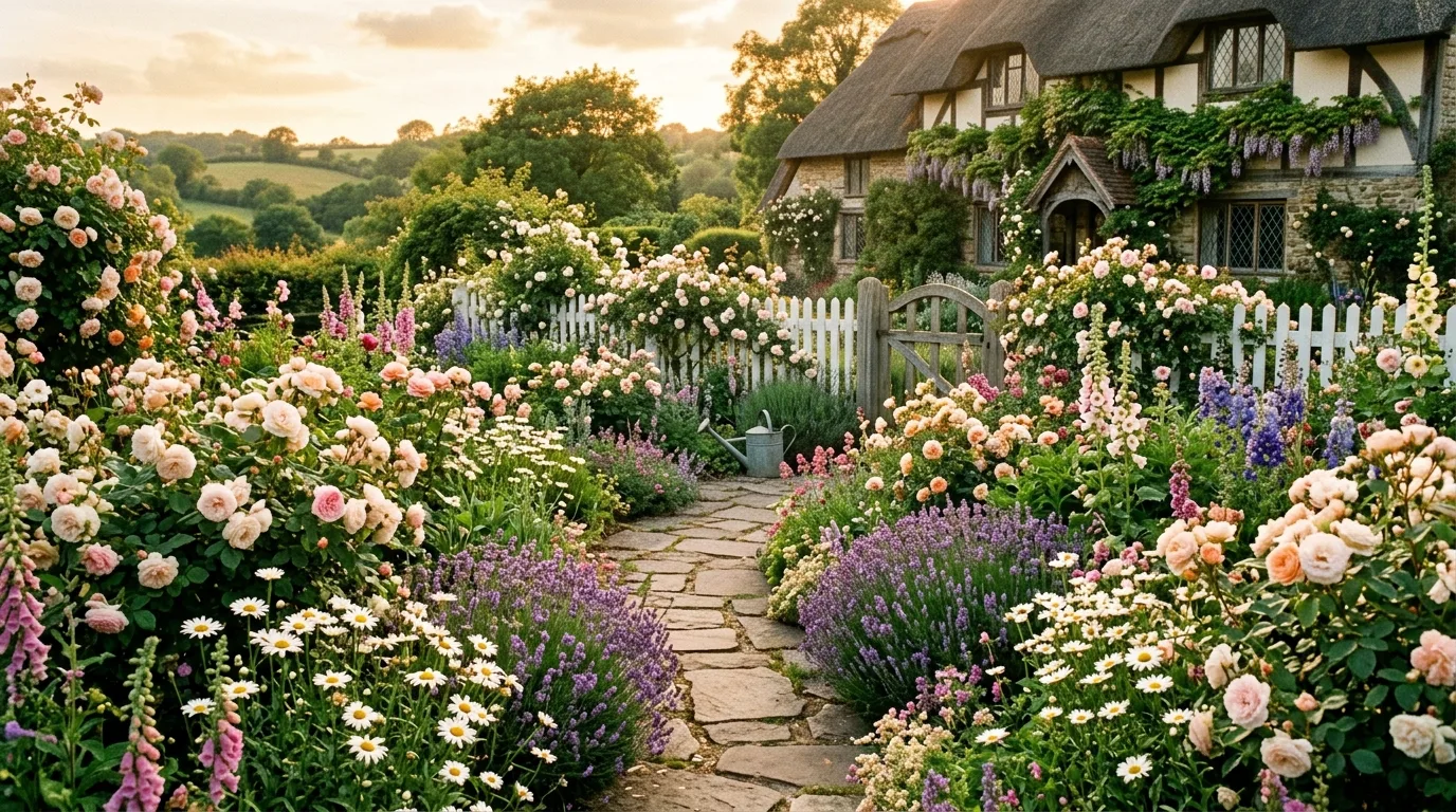 A charming cottage garden gate surrounded by overflowing flowers in soft pink, blue, and white under morning light, no people