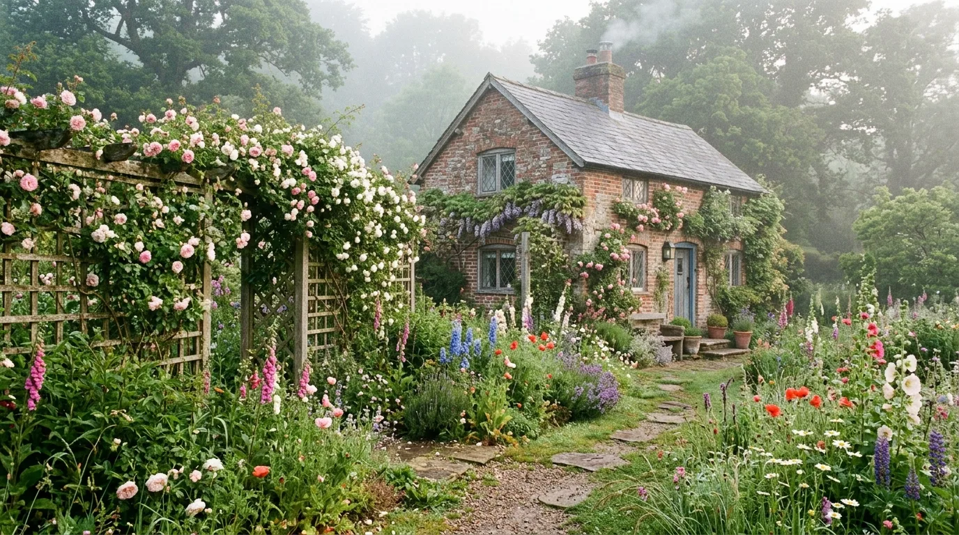 A winding garden path through layered cottage flowers including roses and foxgloves in warm natural light, no people