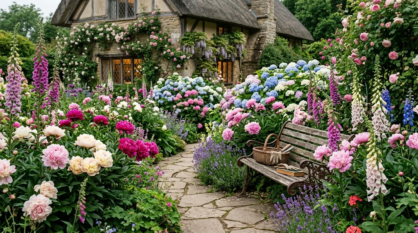 A white picket fence softened by colorful cottage flowers and greenery in bright daylight, no people
