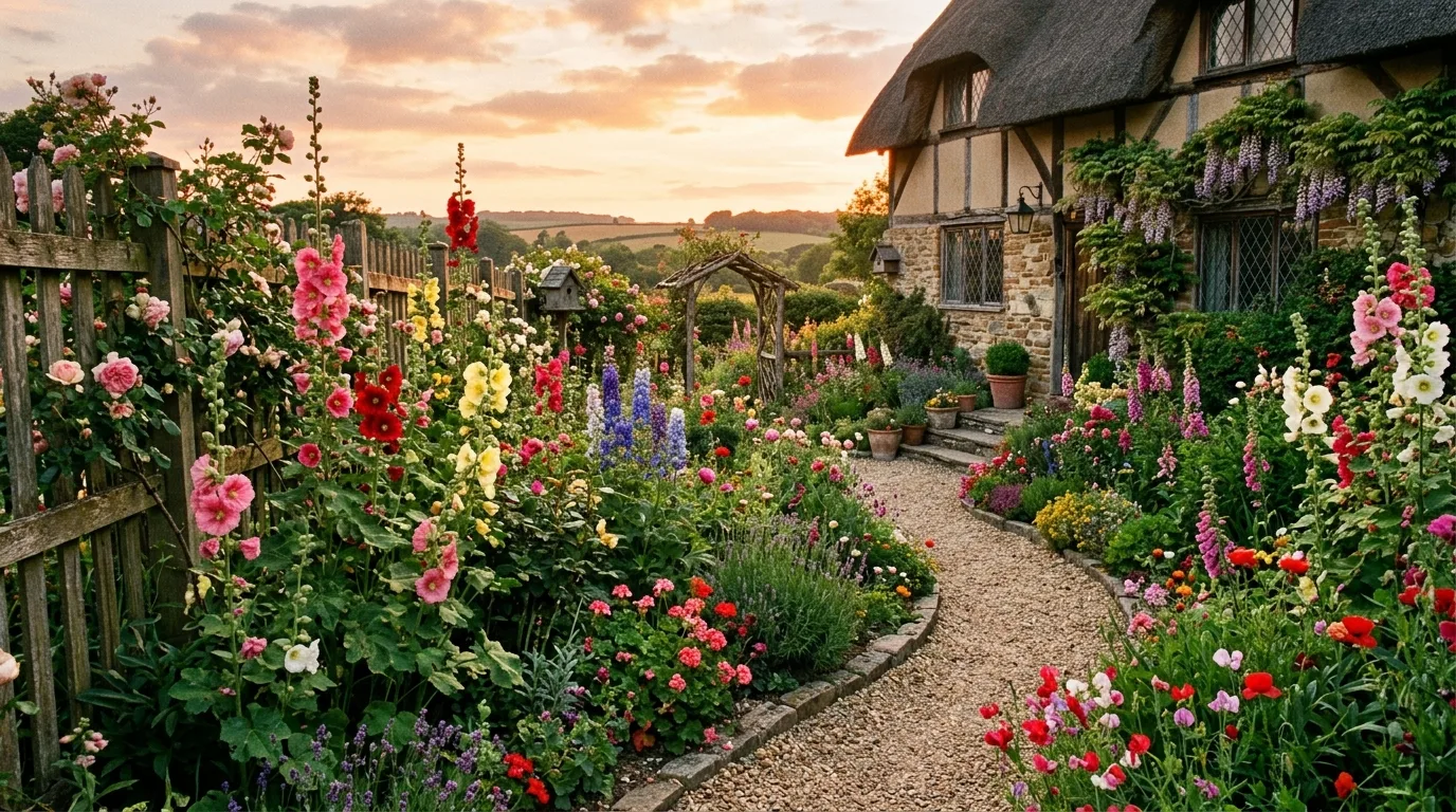 A cottage garden with a cutting patch blended into ornamental flower beds in sunny daylight, no people