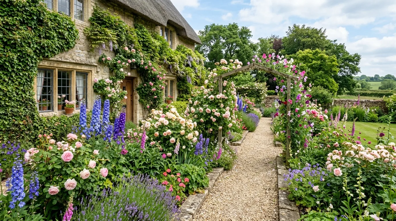 A layered cottage flower garden mixing soft pastel blooms with richer rose toned flowers in summer sunlight, no people
