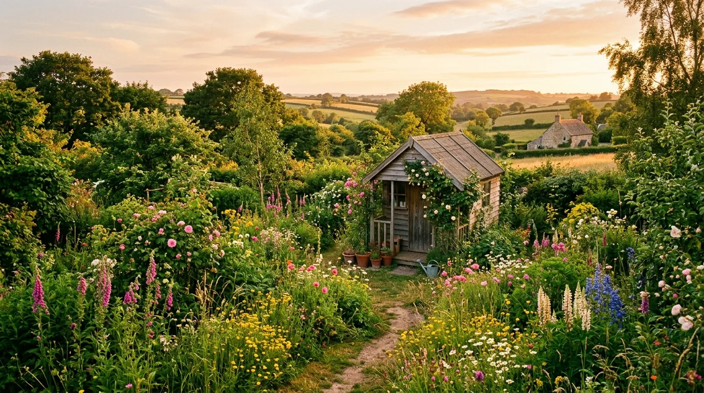 A cozy garden bench beneath climbing flowers and surrounded by lush cottage planting in golden light, no people