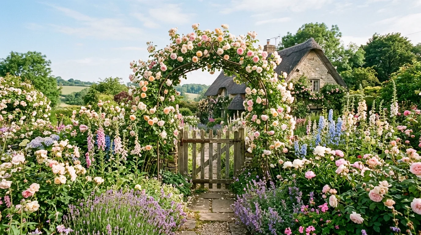 An informal cottage garden with repeated drifts of flowers creating a balanced natural look in daylight, no people