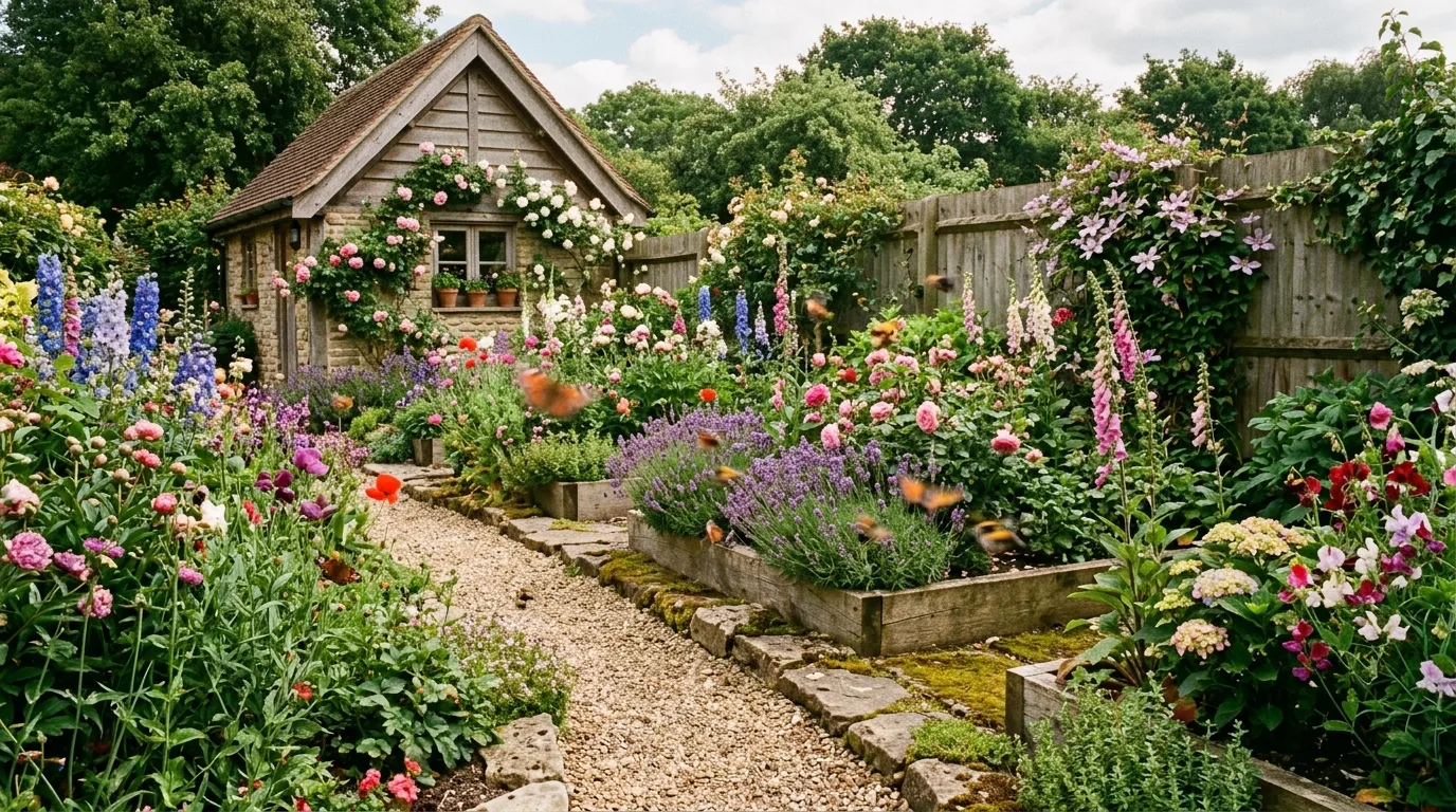 A cottage garden near a house mixing herbs and flowering plants in a fragrant sunlit border, no people