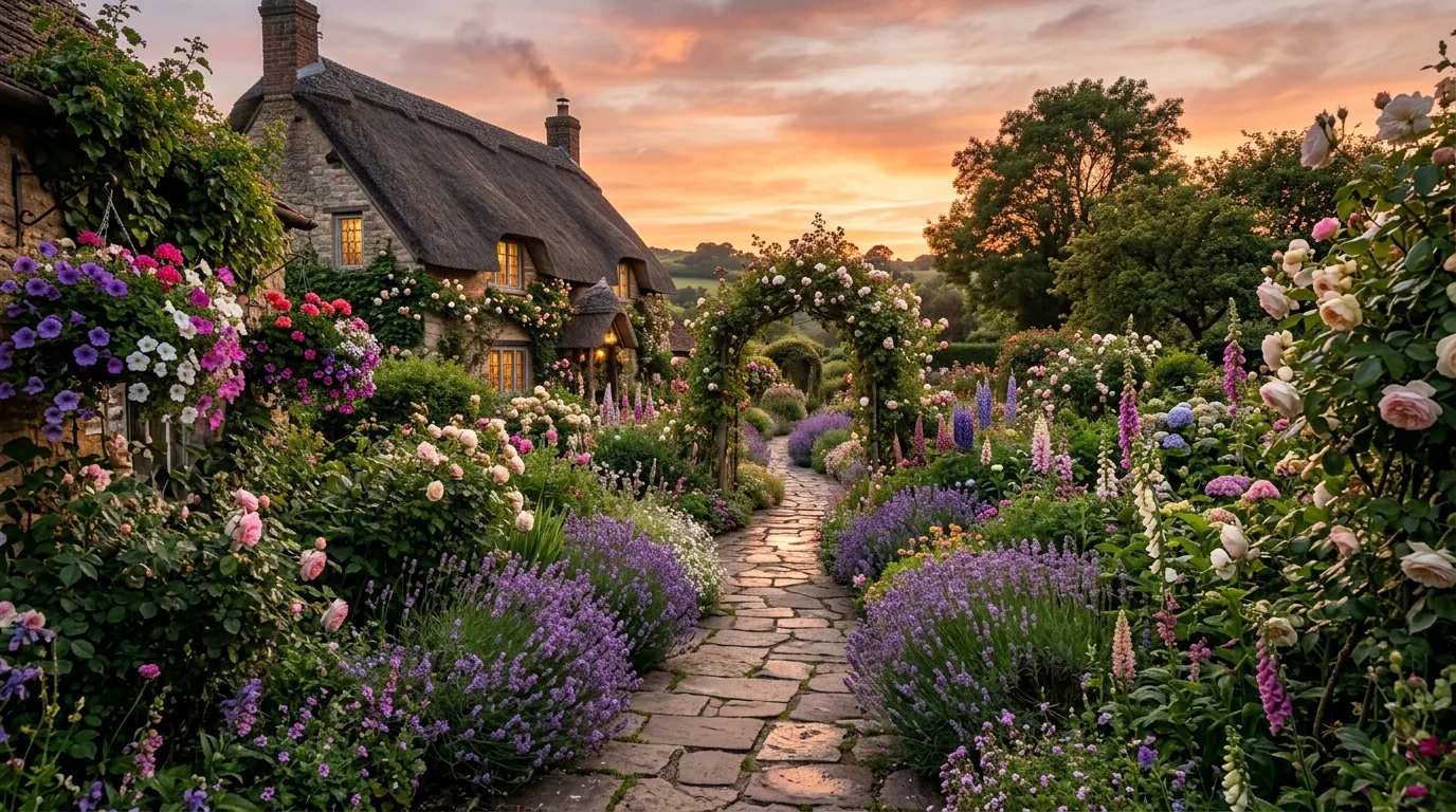 A layered cottage border with tall flowers rising behind soft mounds and trailing edge blooms in bright daylight, no people