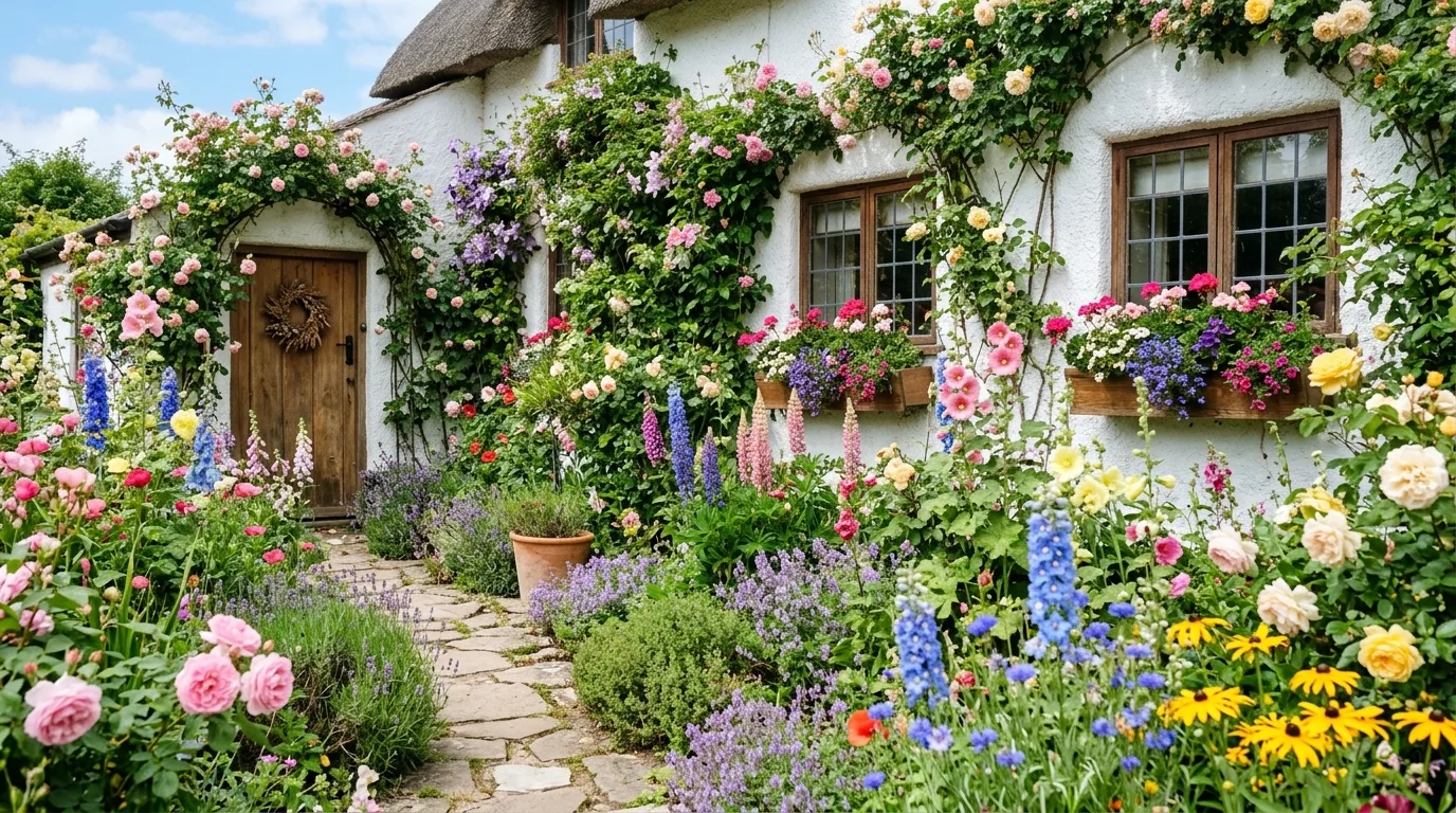 A narrow side yard transformed into a charming cottage flower border with lush planting along a fence in daylight, no people