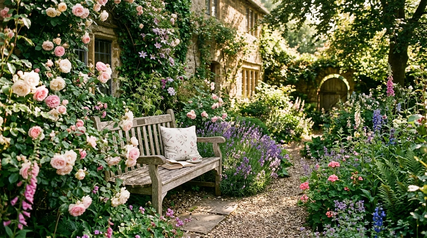 A romantic cottage garden with self-seeding flowers scattered naturally among established planting in warm sunlight, no people