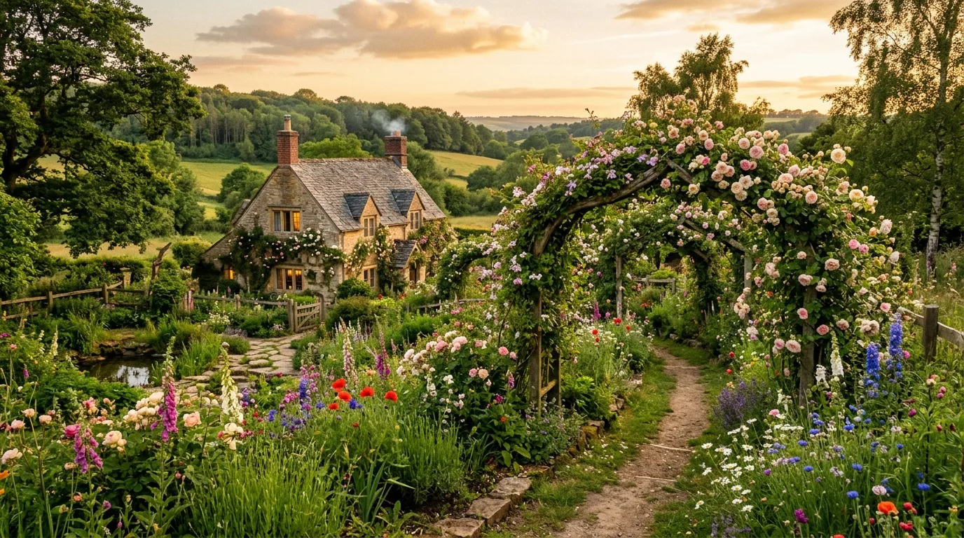 A cottage doorway flanked by overflowing flower containers in a romantic country style under daylight, no people