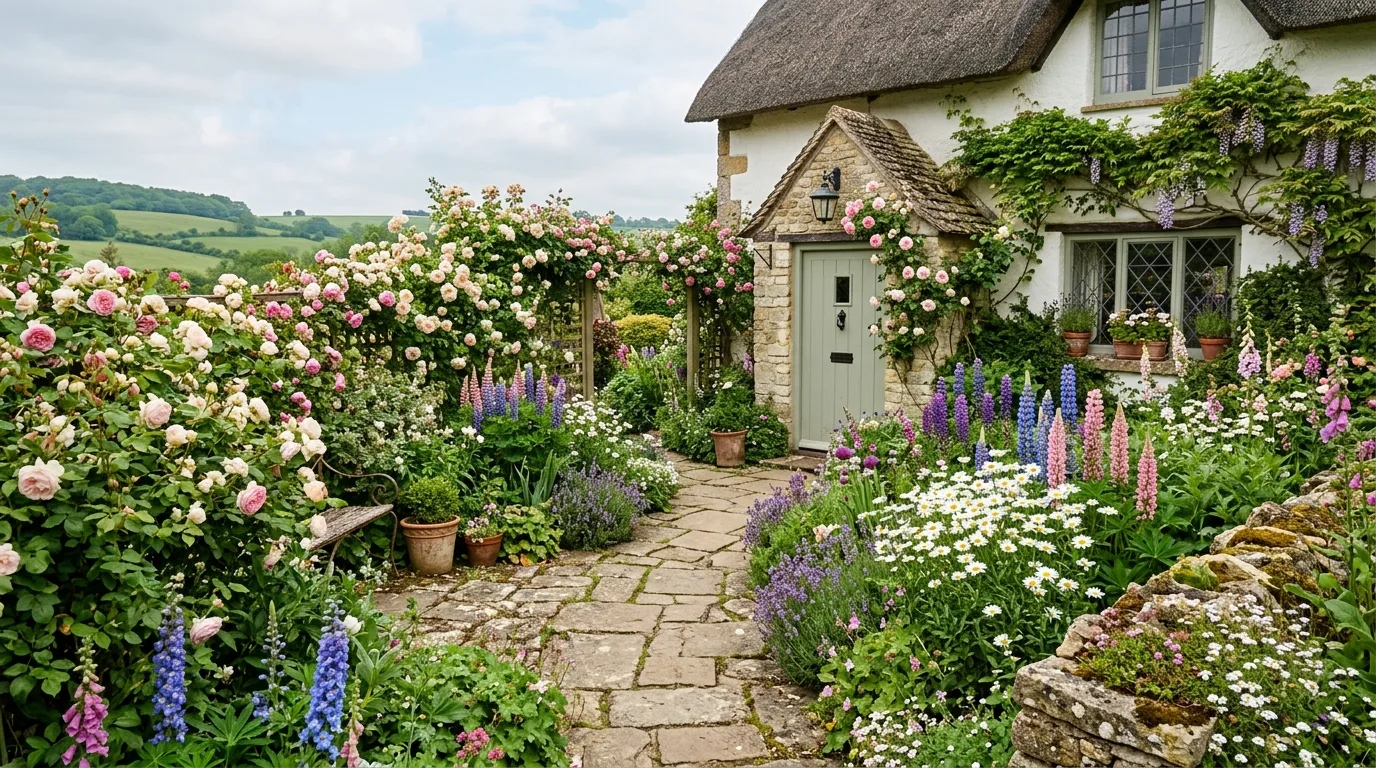 A cottage flower garden designed for multiple seasons with layered blooms and textures in a sunlit country setting, no people