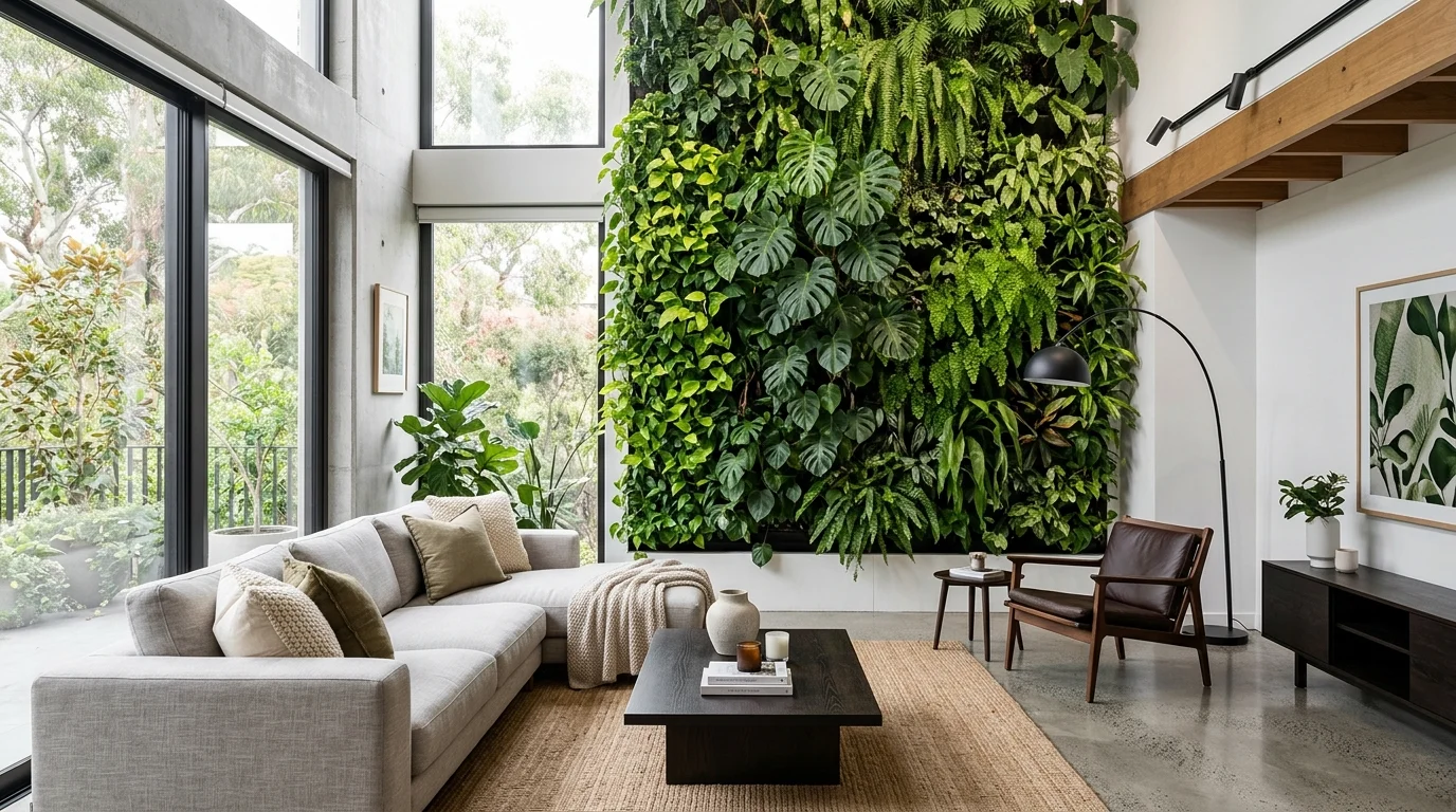 A lush indoor plant wall arranged in a modular grid with repeated planters and layered green foliage, no people