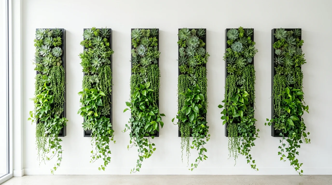 A dramatic floor-to-ceiling indoor plant wall built with open shelves, cascading vines, and layered potted greenery, no people