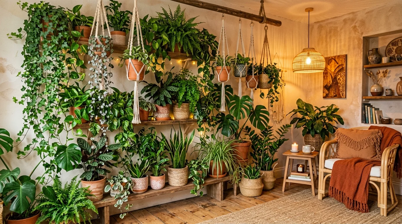 A living indoor plant wall mixing preserved moss textures with lush leafy plants for a rich green statement, no people