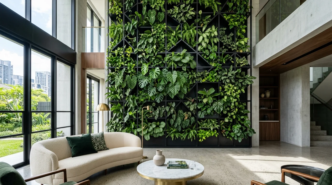 A stylish kitchen plant wall filled with herbs and compact leafy plants in a vertical indoor arrangement, no people