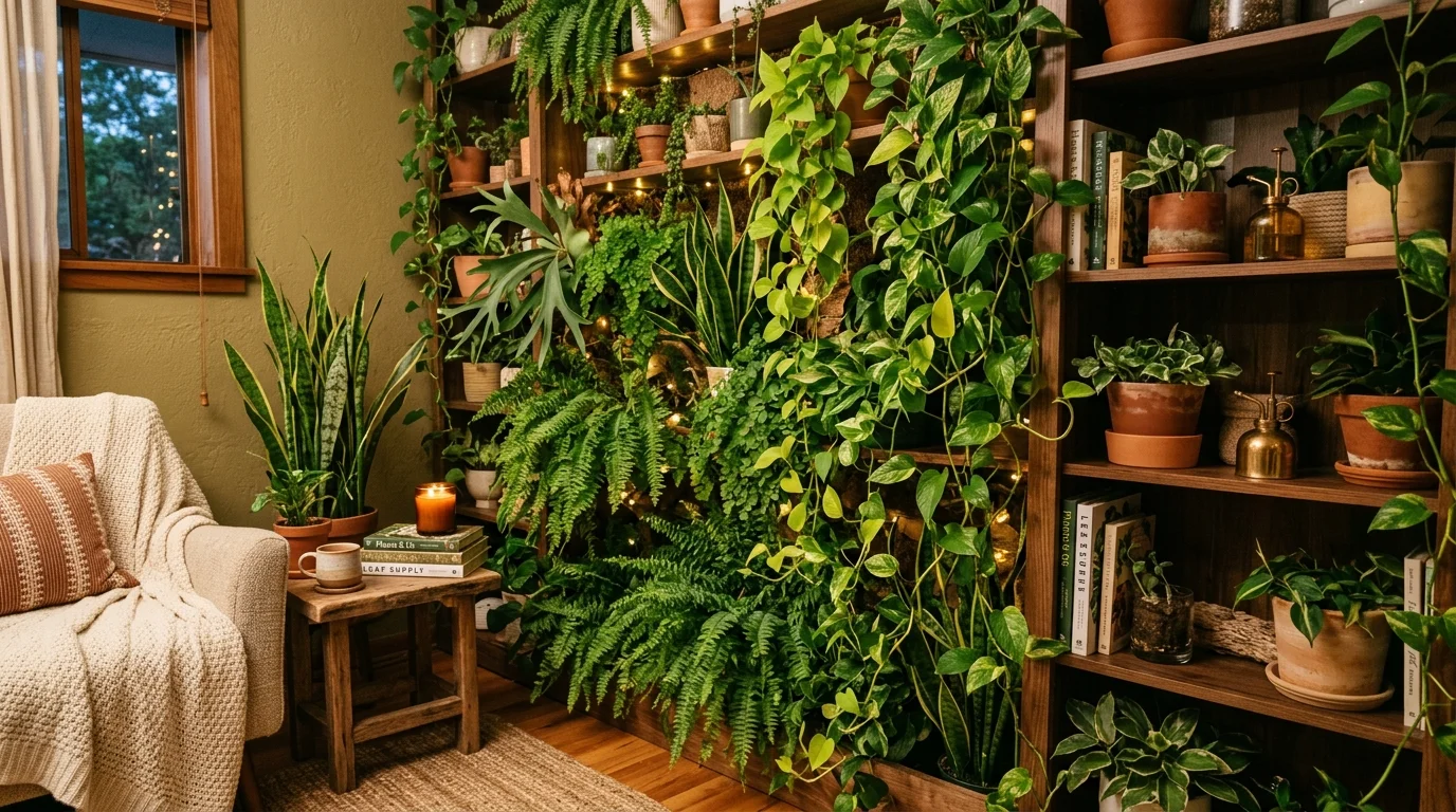 An indoor plant wall following a staircase with layered hanging plants and rich green textures, no people