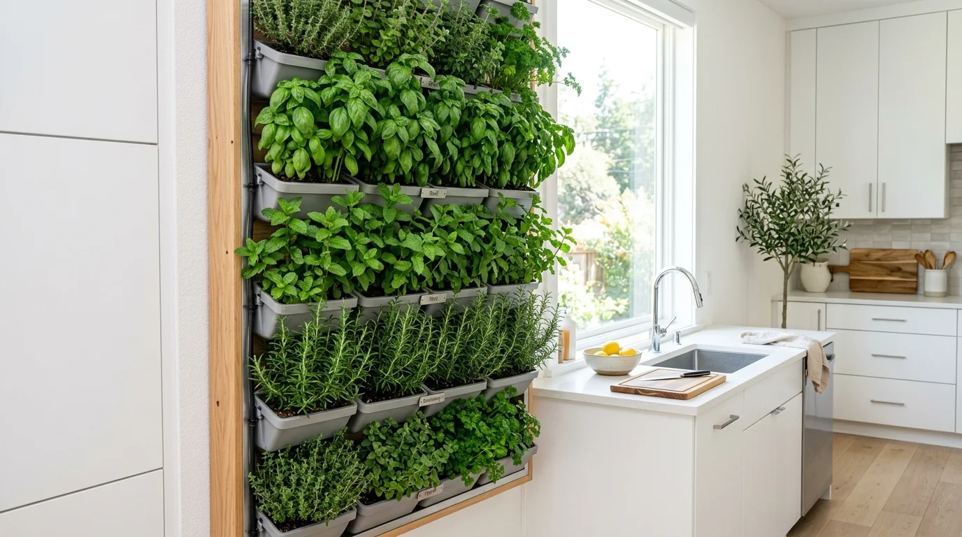 A home office plant wall with lush greenery, organized planters, and a calming indoor botanical display, no people