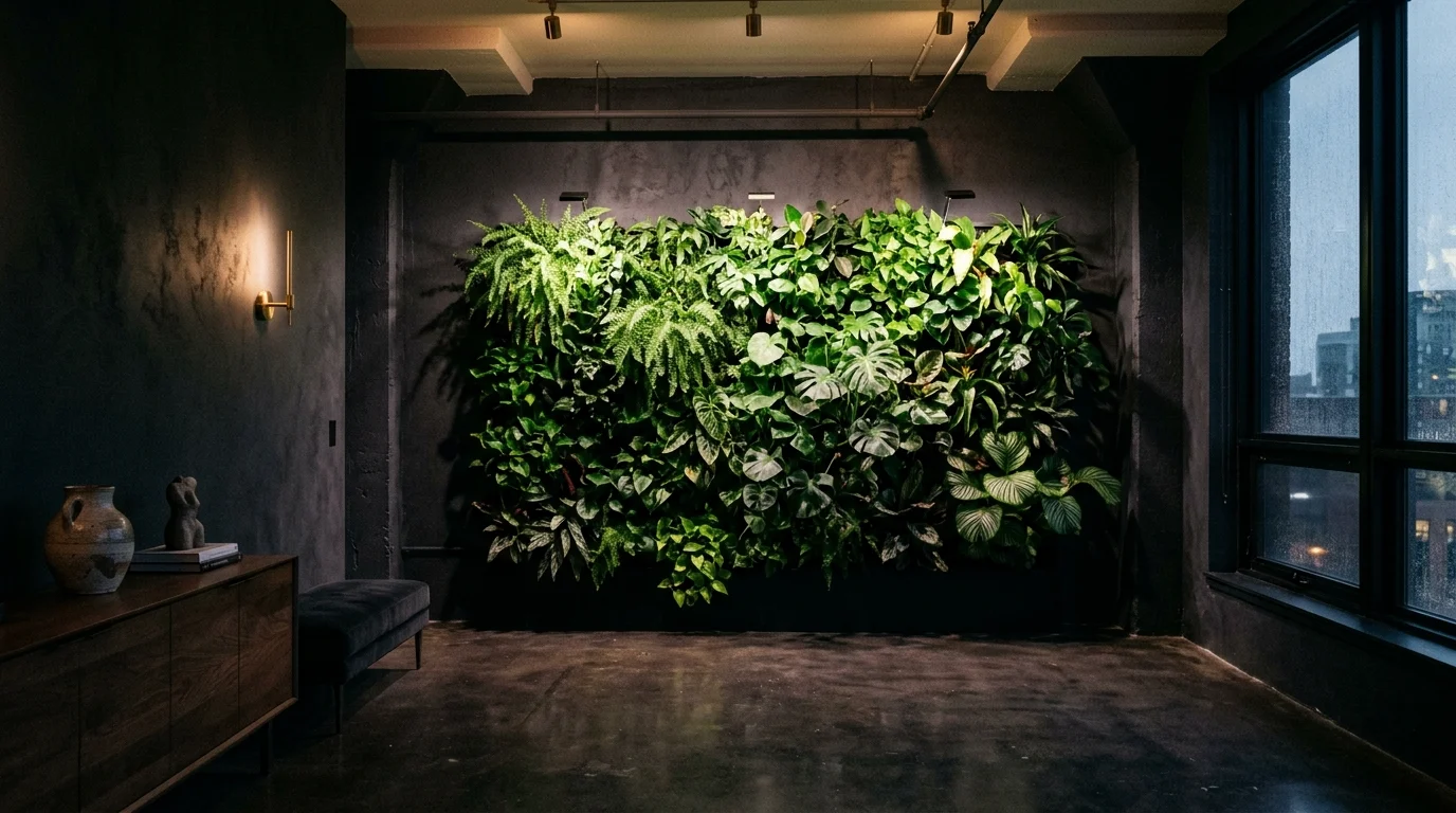 A bathroom plant wall filled with humidity-loving greenery, layered foliage, and a fresh spa-like indoor look, no people