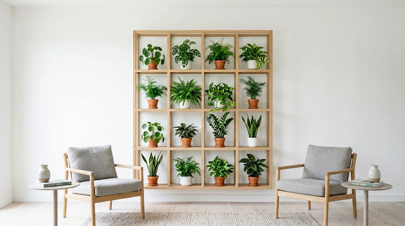 An immersive indoor plant wall wrapping around a room corner with dense green foliage and trailing vines, no people