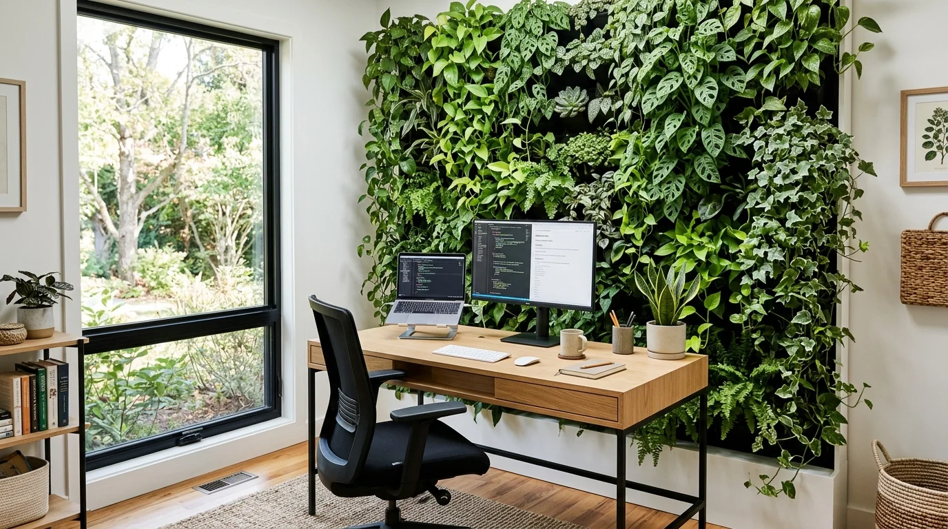 A modern indoor plant wall set against a wood slat backdrop with layered tropical foliage, no people