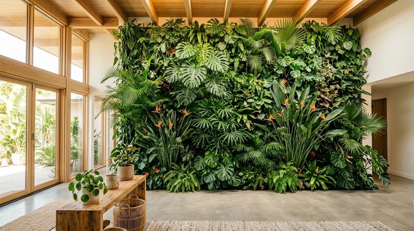 A flexible hanging rail plant wall with suspended planters, trailing vines, and layered indoor greenery, no people